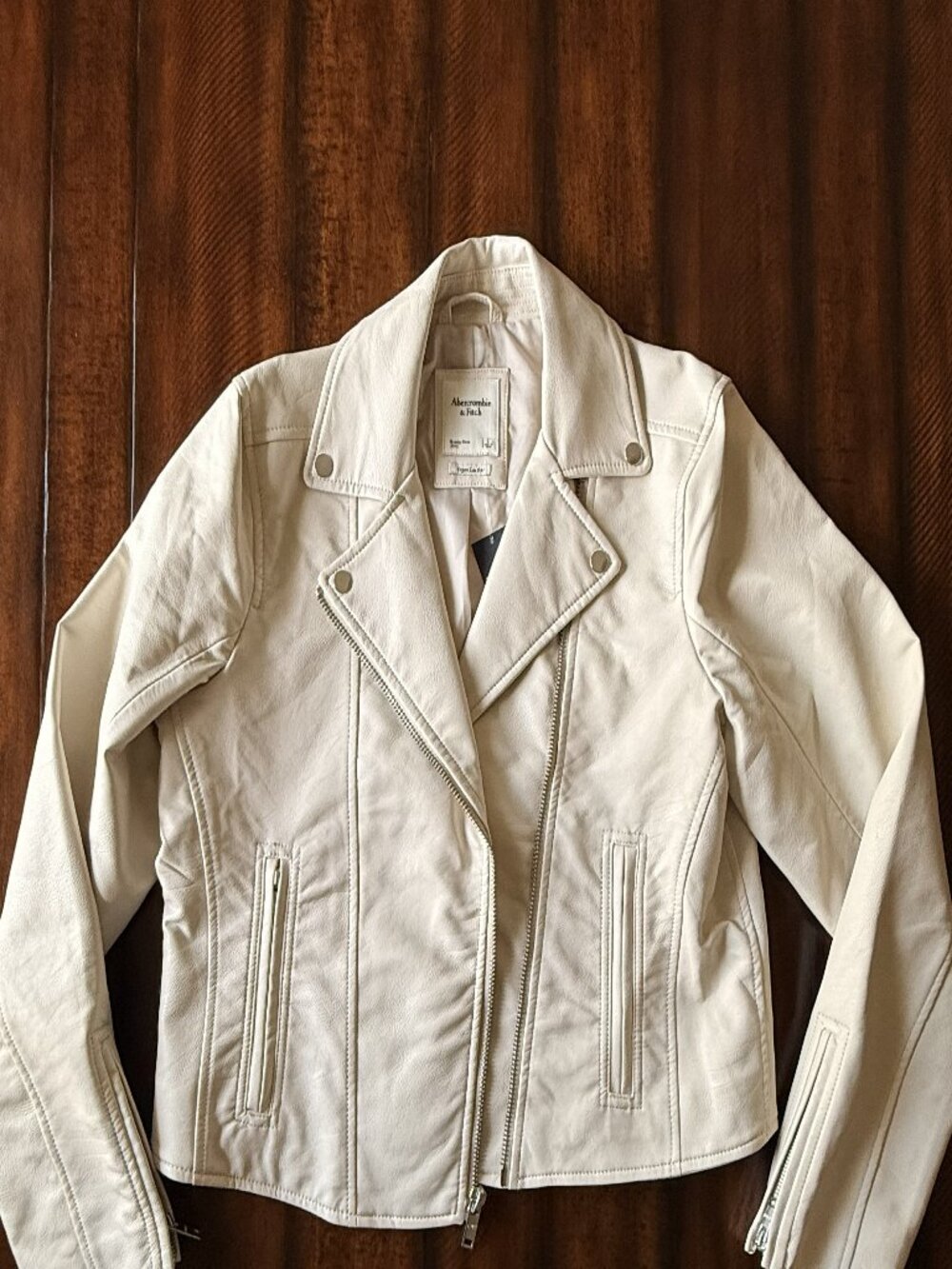 Abercrombie & Fitch Cream Vegan Leather Moto Jacket L